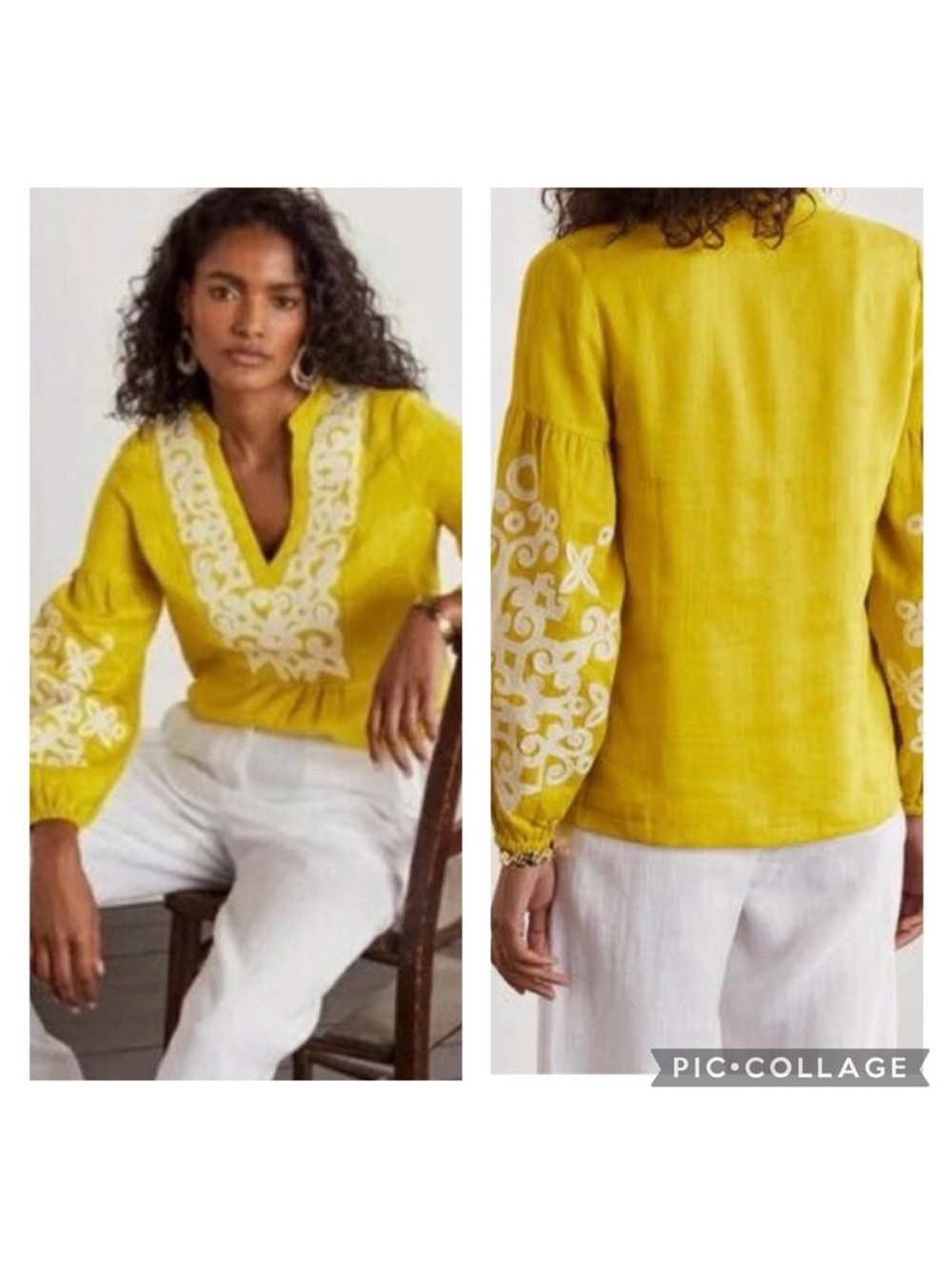 Boden Leonie Embroidered Women’s Linen Top in Chartreuse Yellow—Sz 16